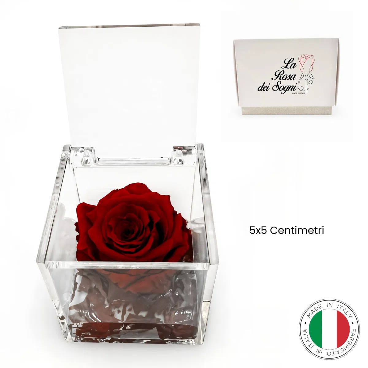 Rosa Stabilizzata Profumata con Petali in gel in Cubo Trasparente - Confezione Regalo Elegante - Durata 5-7 anni - Made in Italy - 5x5 cm (Rosso)