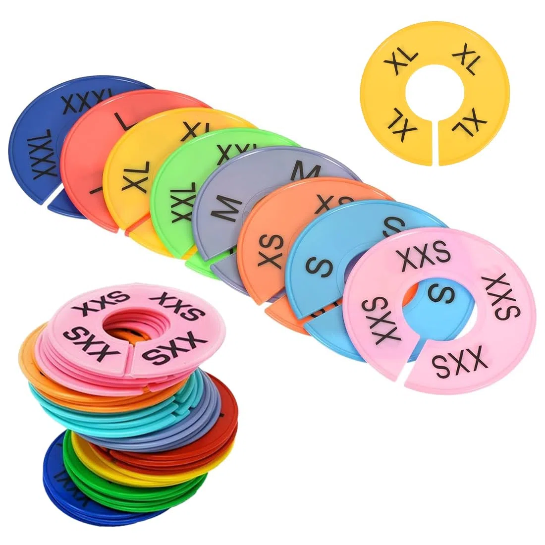 16 Pezzi Divisori Rotondi per Stand Appendiabiti, Segnataglie in Plastica con 8 Taglie (XXS–XXXL), Divisori Colorati per Armadio per Ordine e Organizzazione