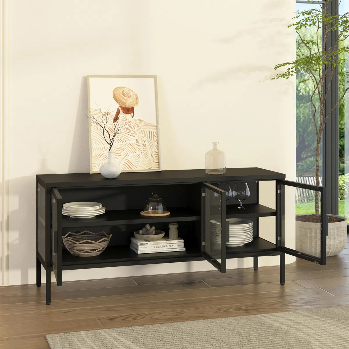 [en.casa] Armadietto con Vetrina Mobile TV in Acciaio Nero con 3 Ante in Vetro Temperato Mobile Contenitore Moderno per Soggiorno Ufficio 55 x 118 x 35 cm
