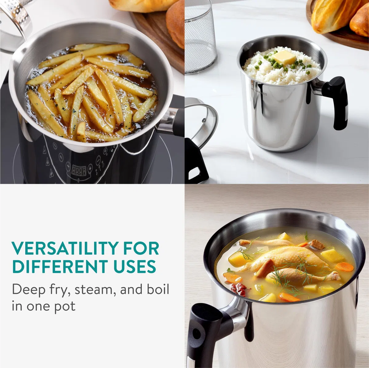 Navaris Pentola per Friggere - Pentola Friggitrice con Cestello in Acciaio Inox - 3,4 L - Cuoci Asparagi Verdure e Pasta Lunga - Spaghettiera con Scolapasta Incorporato