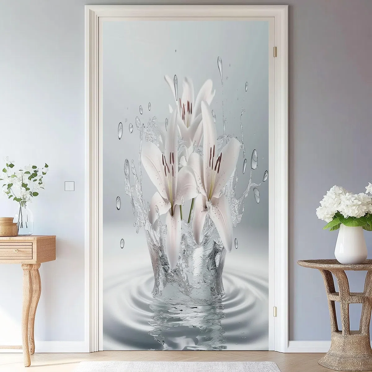 Adesivo Per Porte 3D Per Porte Interne, 80 x 210 cm 3D Piante Giglio Gocce D'Acqua Fotomurali Autoadesivi Impermeabile Porta In PVC, Carta Da Parati Soggiorno Cucina Camerette, Bianco Grigio