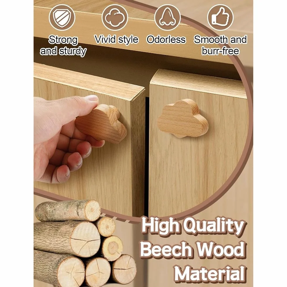 12 PCS Manopole Resistenti In Legno di Faggio A Forma di Nuvola per Cassetti. Maniglie In Legno per Cassettiere Dallo Stile Boho. Color Legno Adatto per Armadi e Mobili.