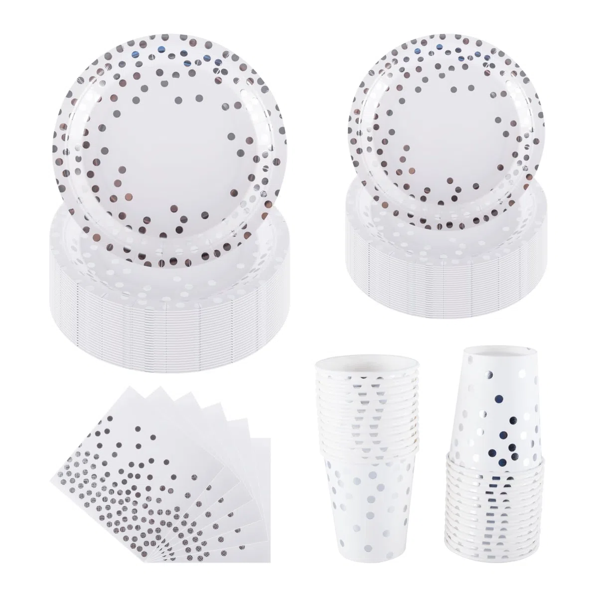 Ceiliwen Set Stoviglie per Feste con Puntini Argento per 25 Ospiti - Piatti di Carta da 22,9 cm e da 19,1 cm Bianchi e Argento, Bicchieri, Tovaglioli - Stoviglie Eleganti per Matrimonio, Anniversari