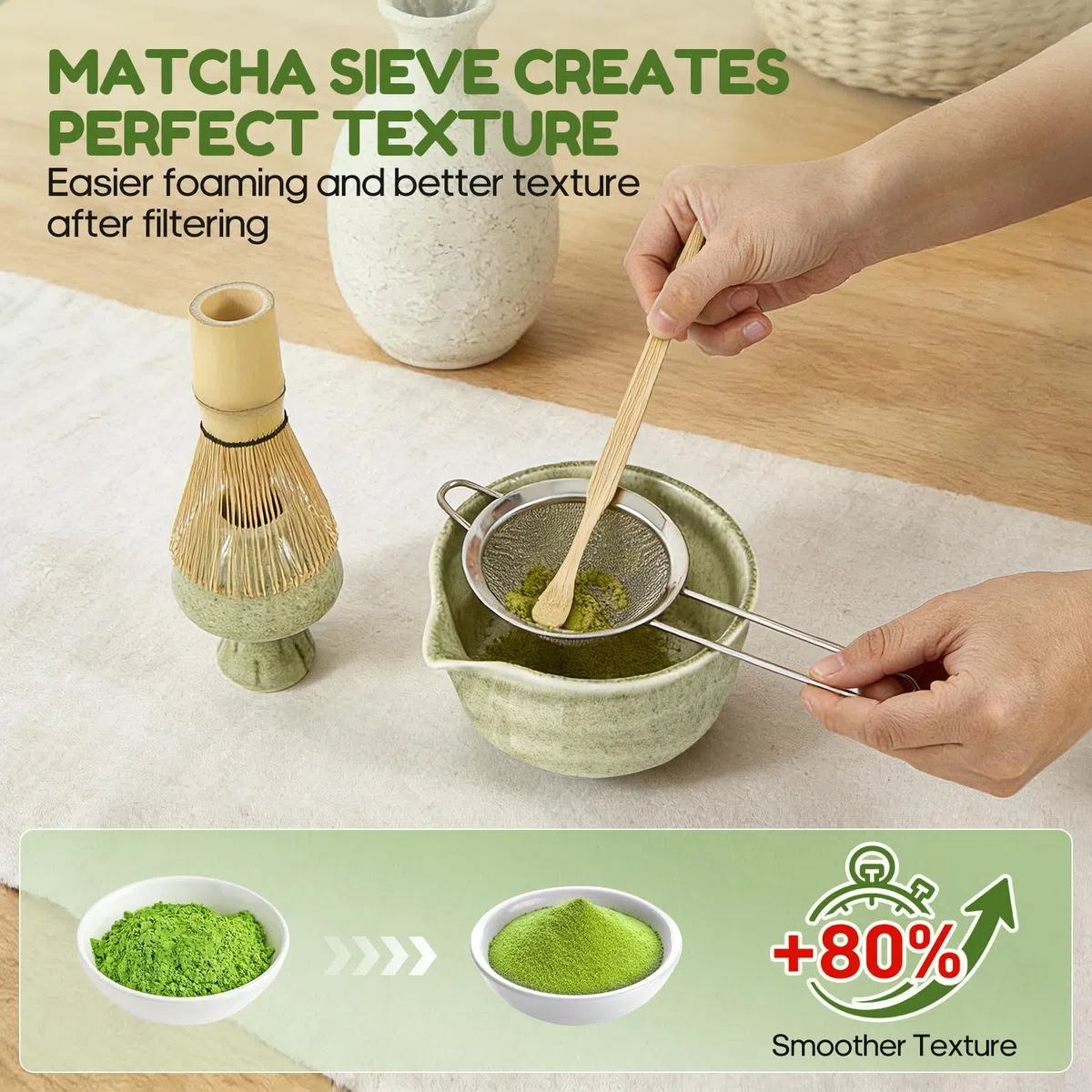 Matcha Kit, 6 Pezzi Set con Frusta per Matcha, Ciotola, 2 Cucchiaio, Setaccio e Supporto in Ceramica per Frusta, Ottimo Regalo Artigianale Tradizionale per gli Amanti del Matcha (Verde)