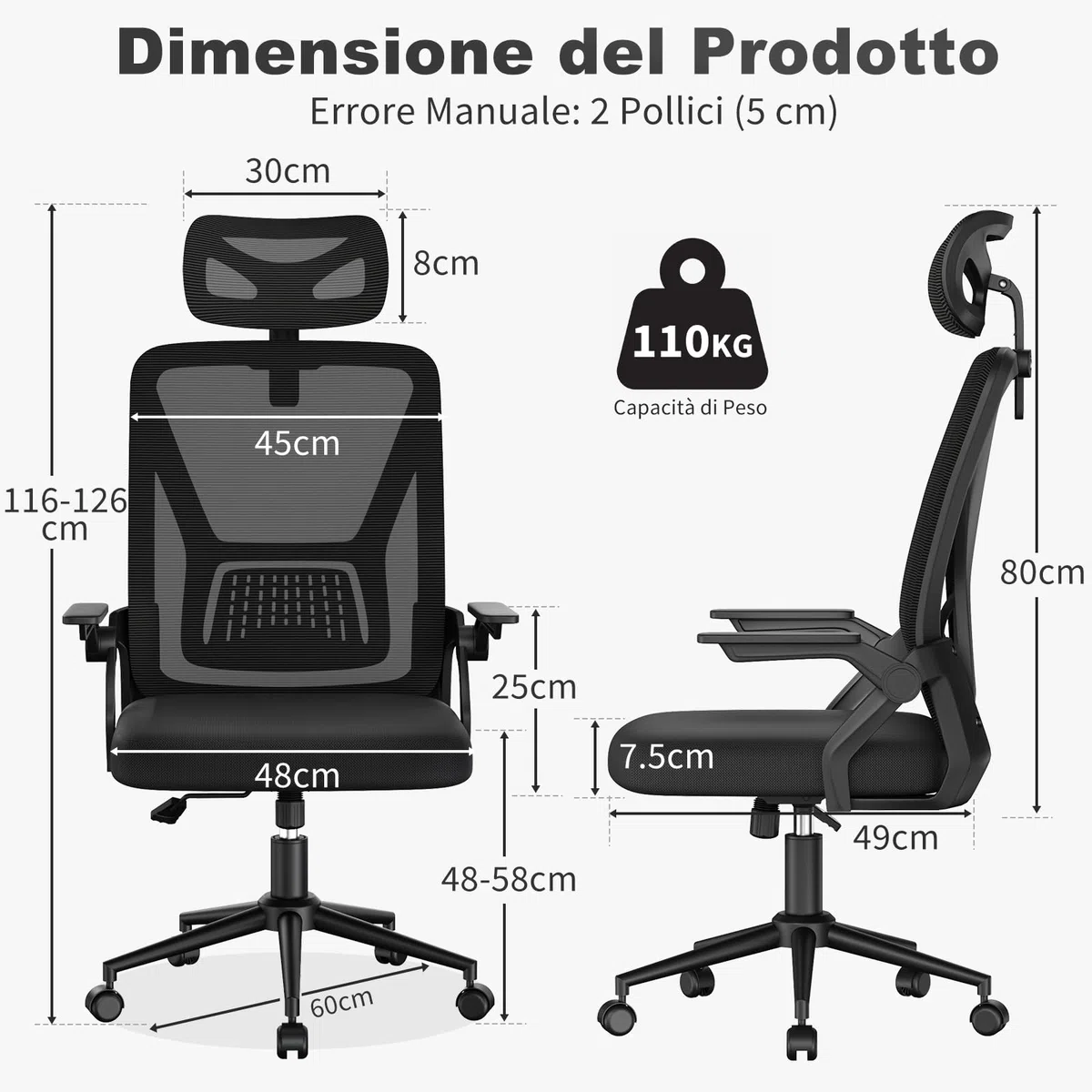 naspaluro Sedia da Ufficio,Con Braccioli Ribaltabili a 90°,Sedie Scrivania Ergonomica Lombare, Con Poggiatesta, Rivestimento in Rete Traspirante, Sedia Girevole a 360° Con Funzione Swing,Nero