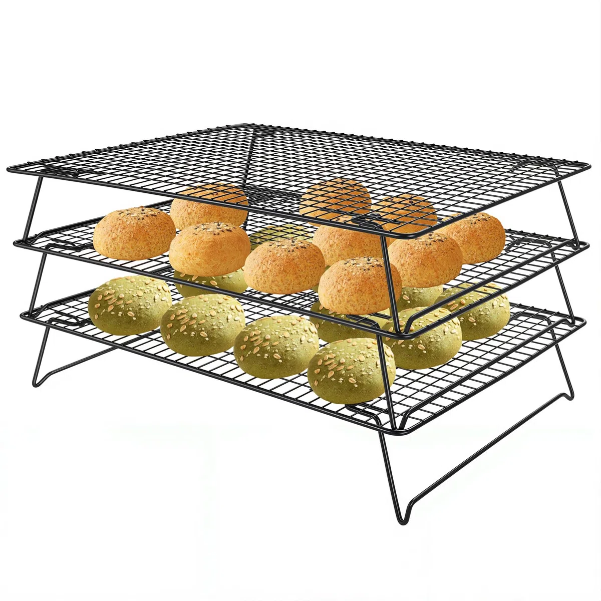 Griglia di raffreddamento a 3 ripiani, grande, 42,5 x 27,7 cm, impilabile, griglia di raffreddamento per torte, griglia pieghevole per forno, accessori da cucina resistenti per pane, biscotti