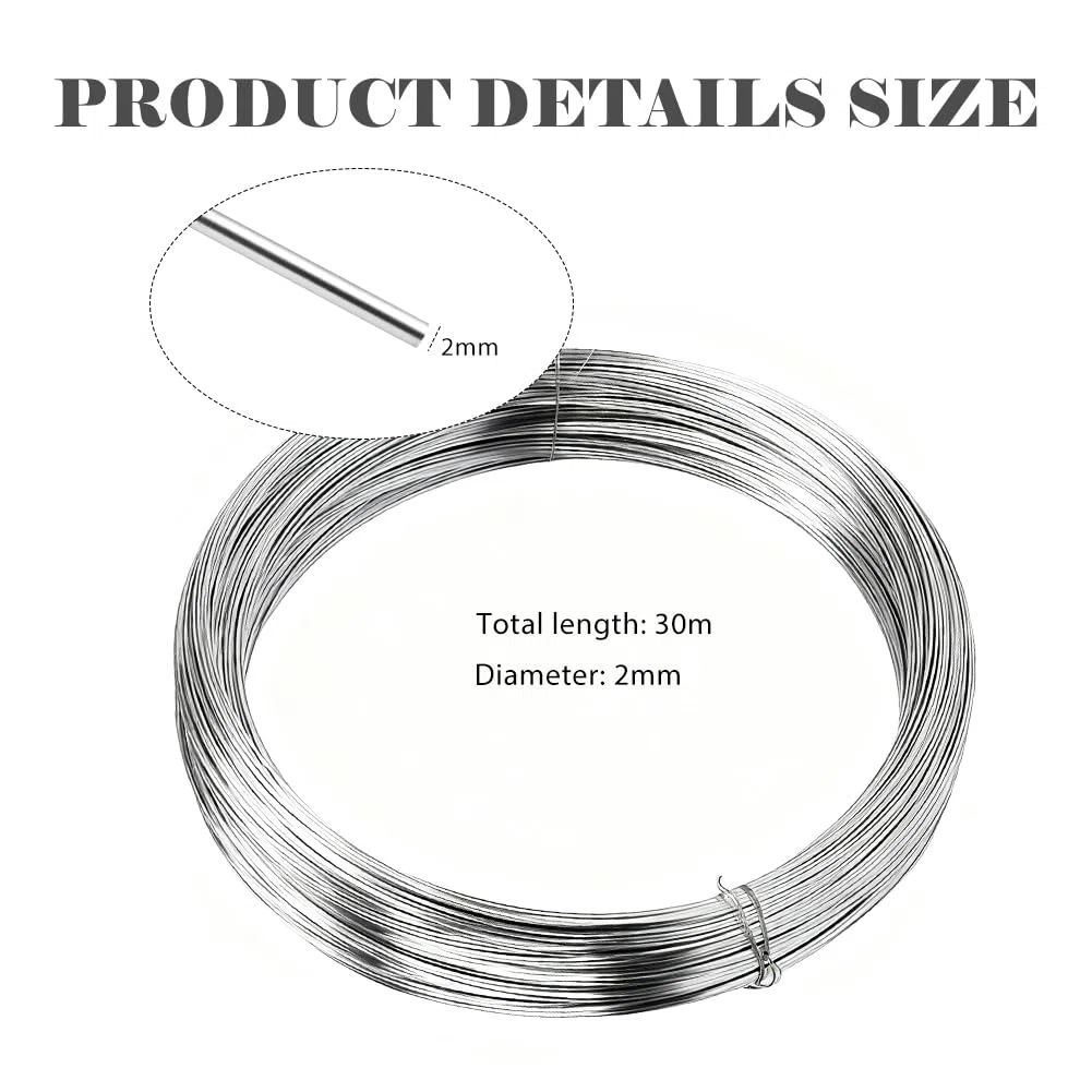 304 fili in acciaio inox, Ø 2 mm, 30 m, filo in acciaio inox argento, filo di acciaio duro, per lavori fai da te, da giardino (2 mm x 30 m)