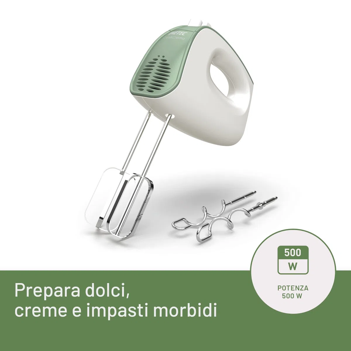 Imetec Crea&Crema sbattitore elettrico, Fruste extralunghe per impasti dolci e panna montata, Ganci acciaio inox per impastare, 5 velocità, Funzione turbo, Design ergonomico, 500 w