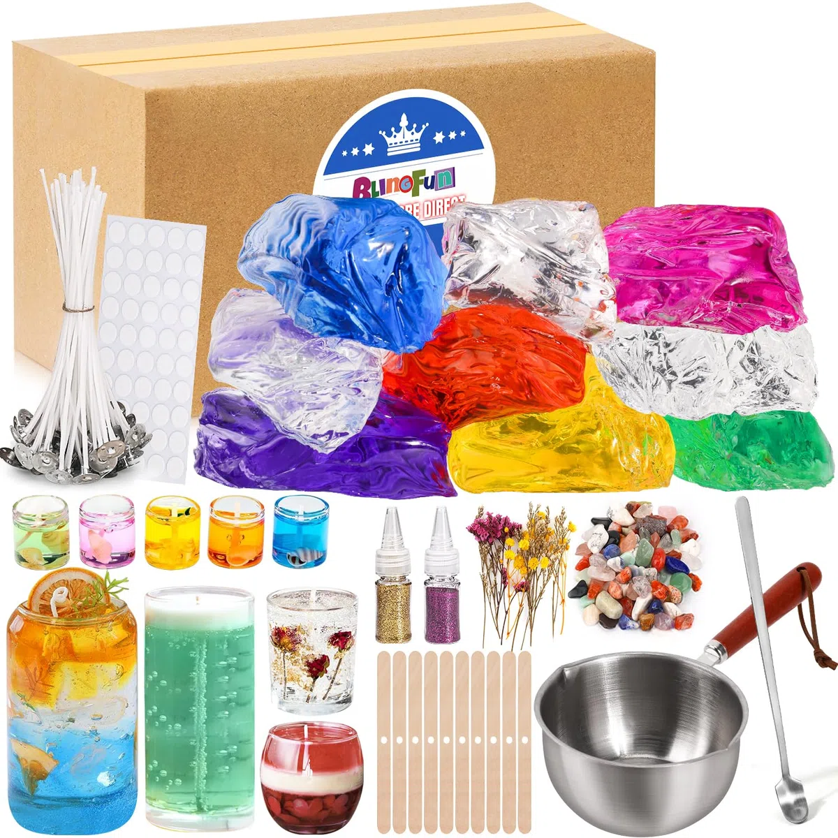 Blingfun Kit Completo per Candele in Gel - 9 Barattoli di Cera Gel -7 Colori con Stoppini, Adesivi, Supporti in Legno - Set DIY per Creare Candele Trasparenti Profumate - Ideale Regalo Creativo