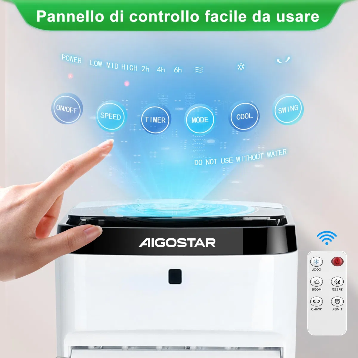 Aigostar Olaf - Raffrescatore evaporativo con telecomando a 3 modalità di vento e velocità. Con timer per lo spegnimento auto. Serbatoio d’acqua da 3.5L. Base con ruota girevole per lo spostamento