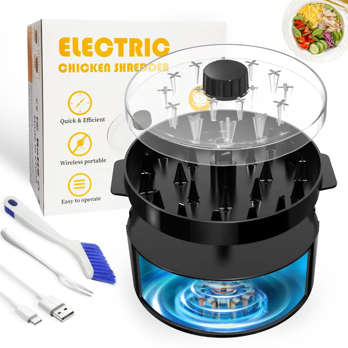 Fitdays Trituratore elettrico automatico per polli, ricarica rapida di tipo C e durata di 60 minuti, camera di triturazione visibile da 20 cm, con spazzola/forchetta, senza BPA, lavabile in
