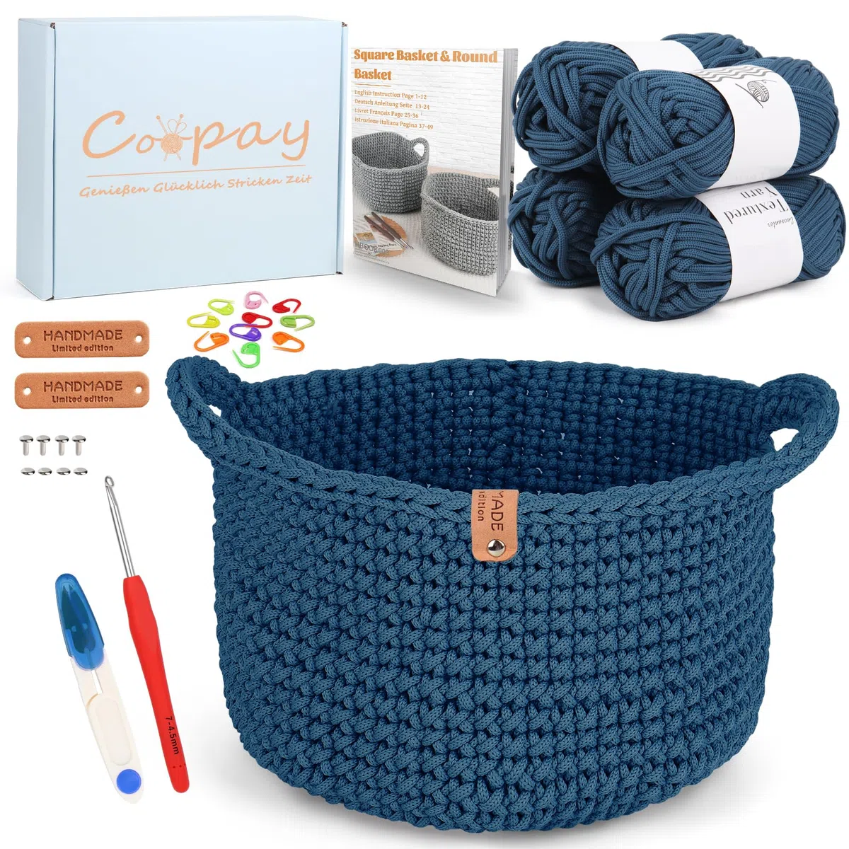 Coopay Kit gancio per principianti, cestino rotondo con istruzioni per cesti fai da te, kit per cesti di apprendimento con gancio da 4,5 mm, filo spesso