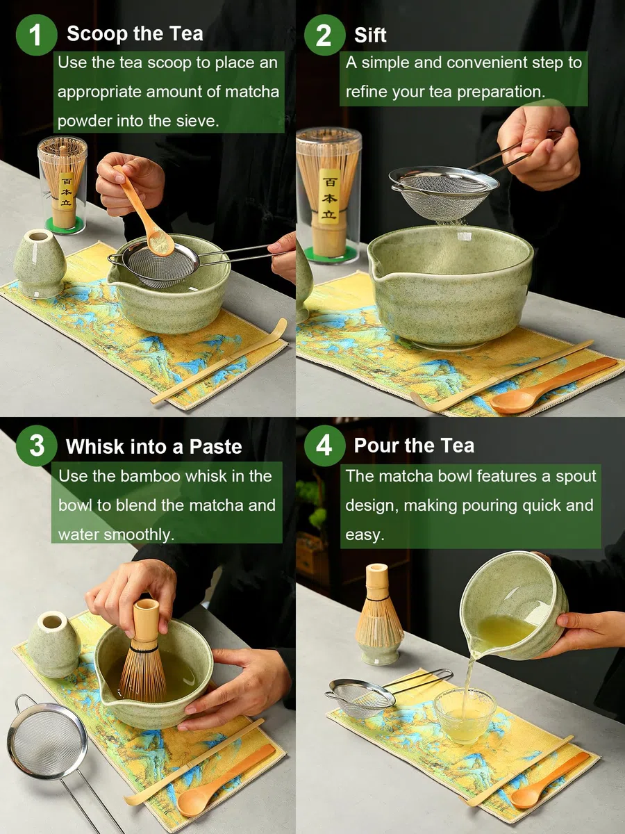 Set Matcha – Matcha Set a 8 Pezzi per la Cerimonia del Tè: Ciotola con Beccuccio, Frusta Matcha in Bambù con Supporto, Chashaku, Supporto per Chashaku, Cucchiaio in legno, Chakin, Setaccio per Matcha