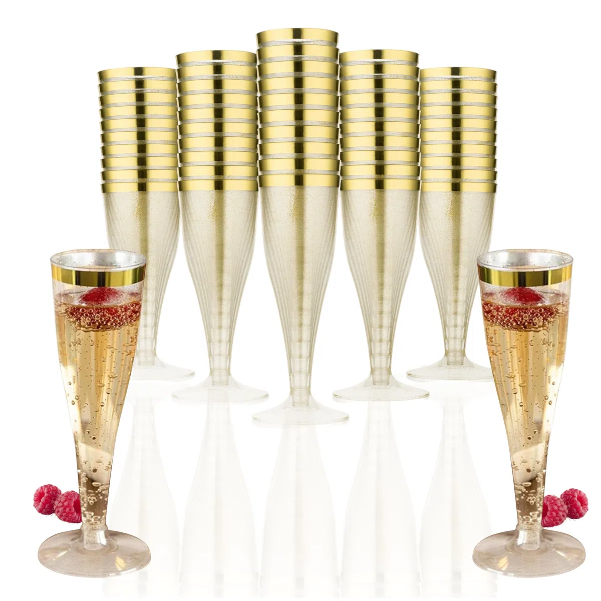 Flauti da Champagne Di Alta Qualità Riutilizzabili da 133 ml Con Bordo Dorato BPA gratuito, Set di 50 Eleganti Flauti In Plastica Resistenti,per Festa di Matrimonio, Compleanni e Cocktail in Plastica