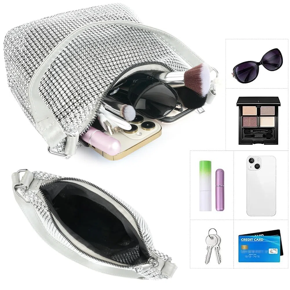 OSDUE Borsa da Sera con Pochette, Borse con Strass Fatte a Mano in Argento Lucido, Donna Pochette da Sera, Borsa a Tracolla Chic ed Elegante Borsa Tote per Serate Matrimoni Balli di Fine Anno Feste A