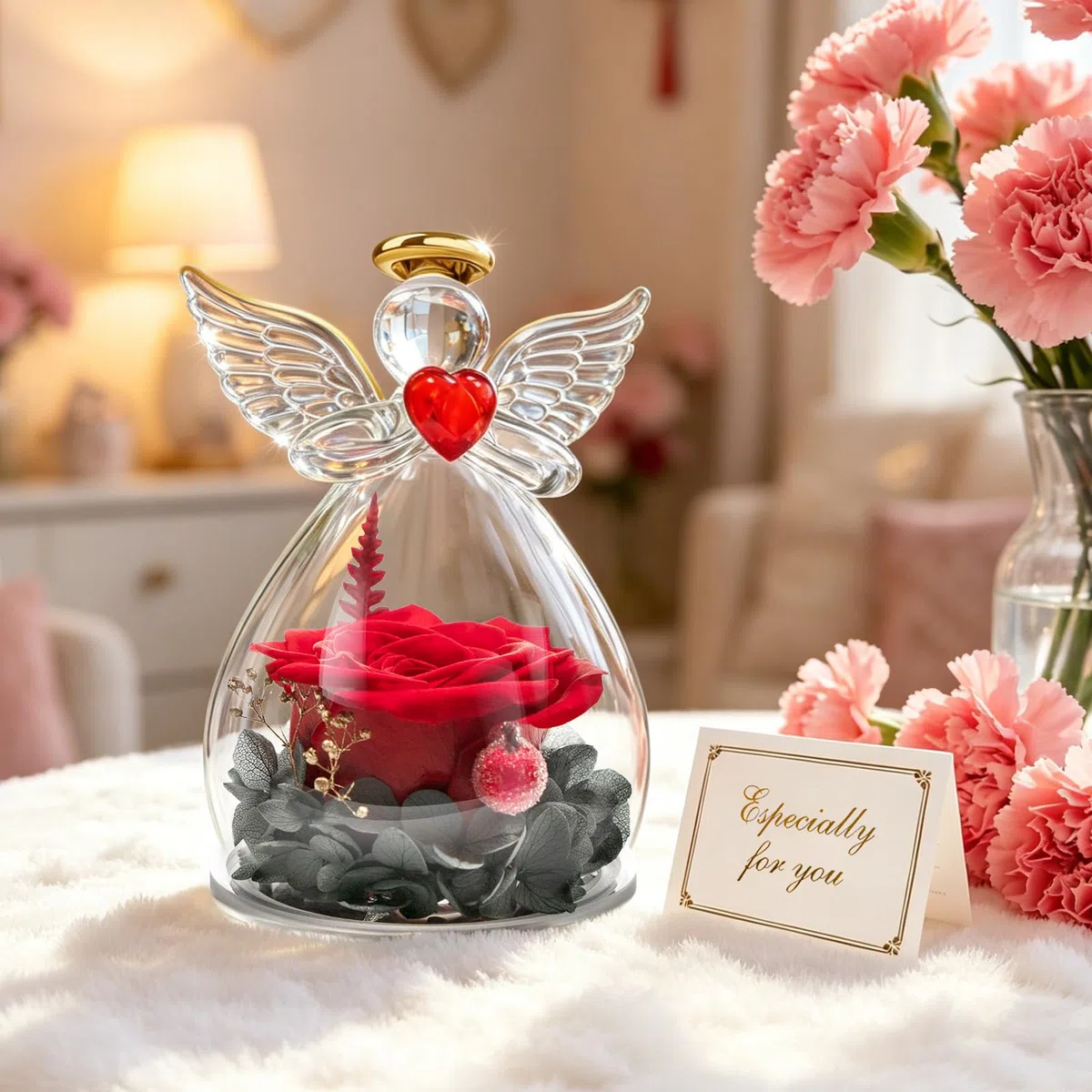 Miofula Festa della Mamma Idee Regalo Mamma Nonna,Rosa Stabilizzata Figurine Angelo Regalo Donna Compleanno,Rosa Eterna Regali Festa della Mamma,Fiori Stabilizzati Regali Donna Fidanzata Anniversario