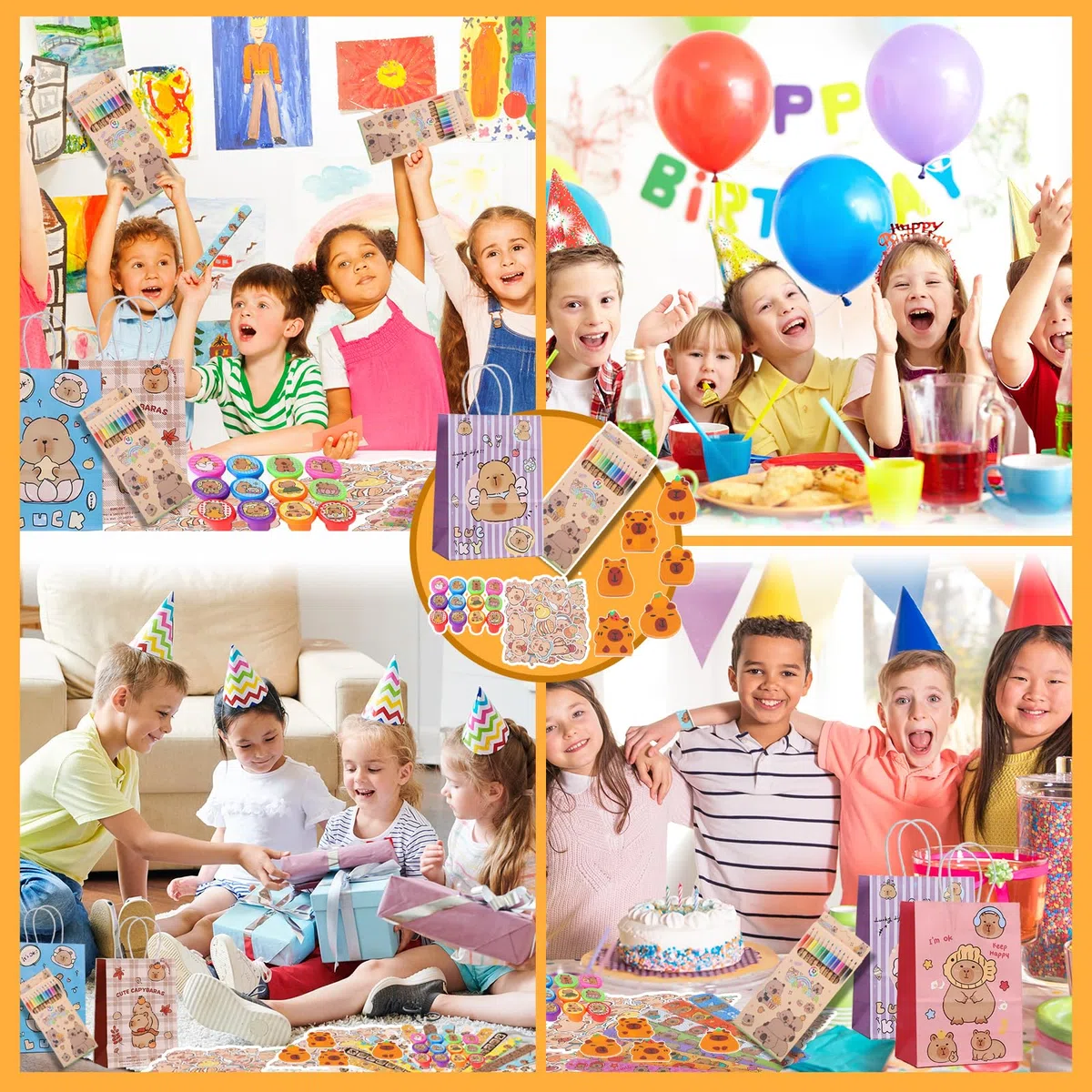 110PCS Regalo per Feste Capybara, Bambini Compleanno Party Regali, Capybara Party Favor Supplies, Include Sacchetti, Gomme Colorate, Slap Bracciali, Timbri Pratici