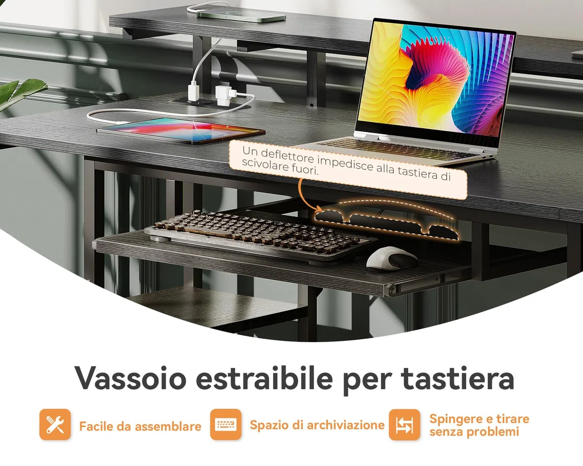 ODK Scrivania con 4 Cassetti, 140x52x92cm Scrivania per Computer con Presa di Corrente e Ricarica USB, Scrivanie Gaming Tavolo Scrivanie con Ripiani Regolabili per la Casa, Nero