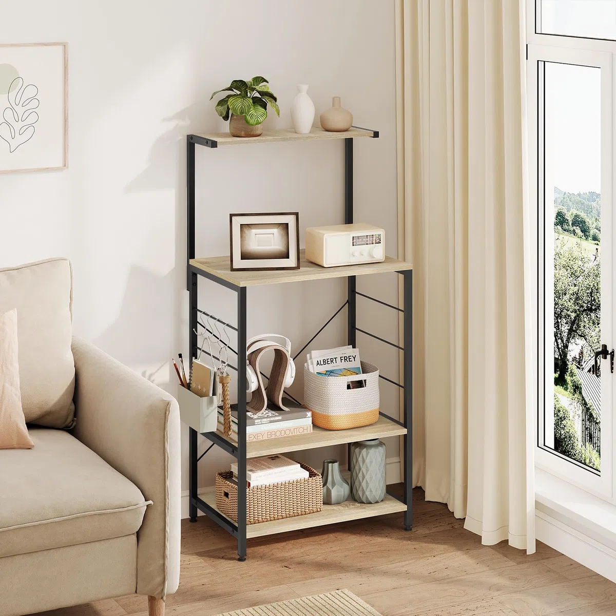 WOLTU Scaffale per Cucina in Acciaio Legno 4 Ripiani Carrello per Microonde Scaffalature Organizzatore 60x40x123 cm