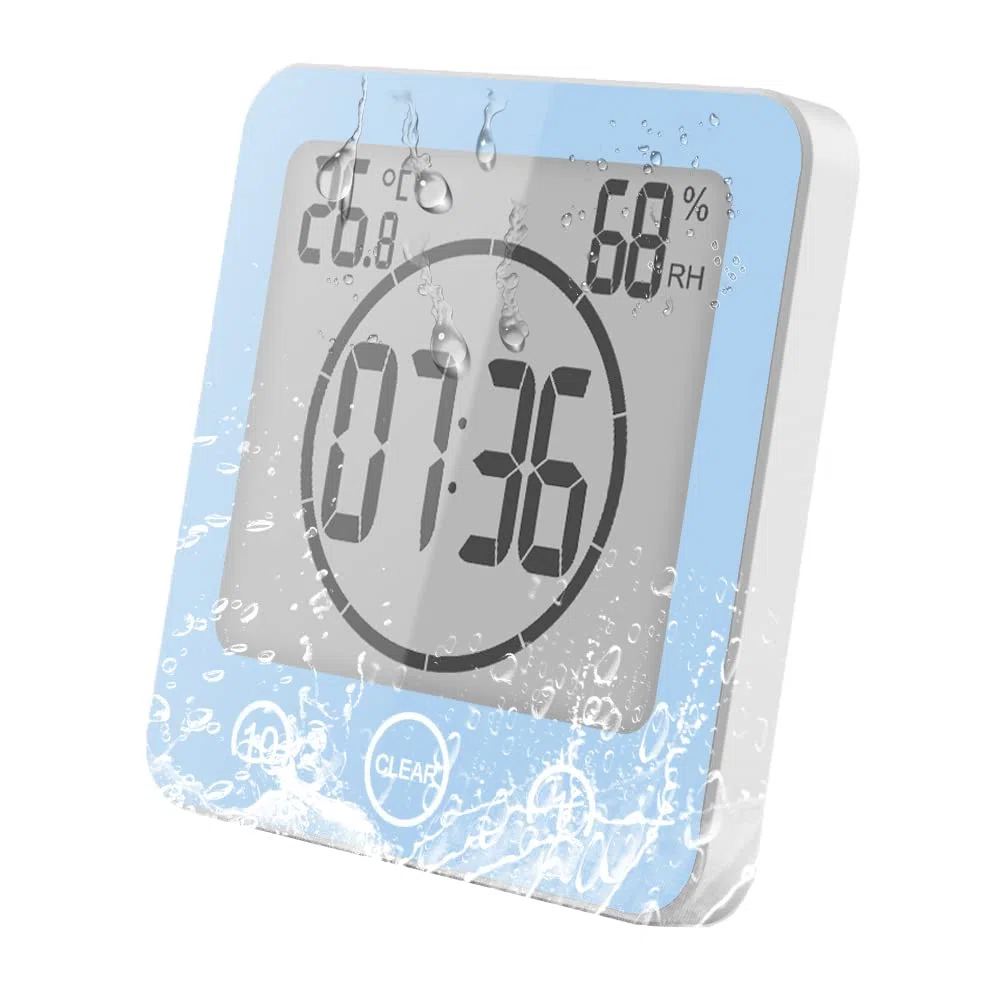 Termometro Igrometro Digitale, Orologio da Bagno Impermeabile Allarme Toccare Controllo Timer per il Conto Alla Rovescia, Termoigrometro da Interno per Casa Monitor di Temperatura e umidità (Blu)