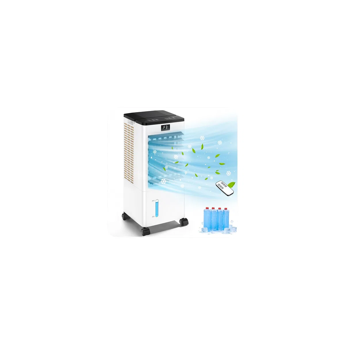 Condizionatore Portatile Senza Tubo, Raffreddatore d’Aria 4 in 1, 4 Modalità 3 Velocità, Climatizzatore Evaporativo 60 W, Timer 1-12 H, con Telecomando, 4 Ruote per Casa e Ufficio