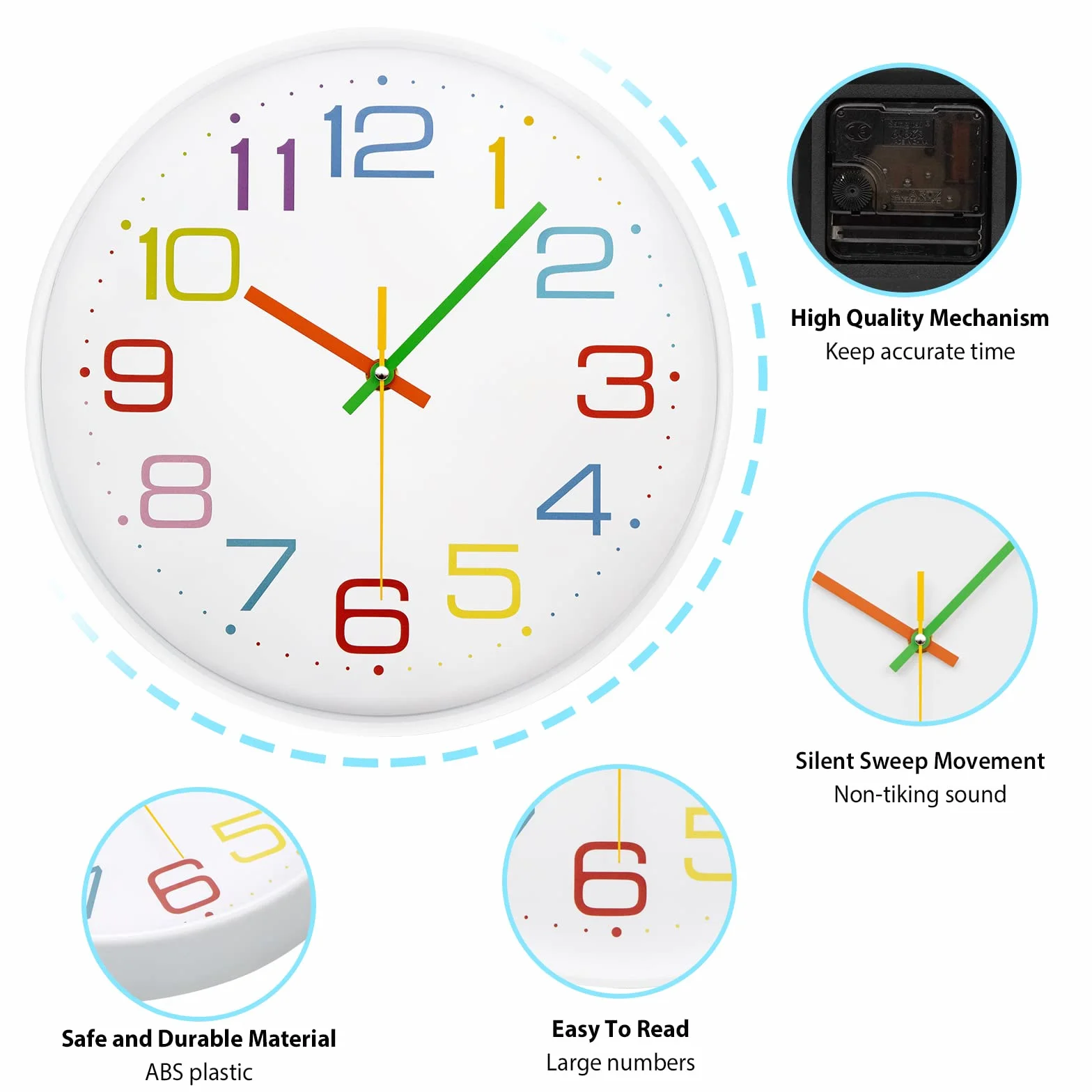 Orologio da Parete per Bambini Orologio per la Camera da Letto, Adatto per la Scuola Quadrante Arcobaleno 30 cm