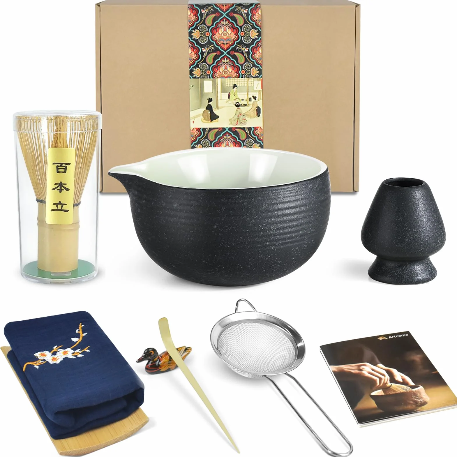 Artcome Bluestone Glaze Kit per Cerimonia del Tè Giapponese, Ciotola con Beccuccio Versatore, Frusta, Paletta, Colino in Polvere, Set per Preparare Usucha, Koicha e Matcha