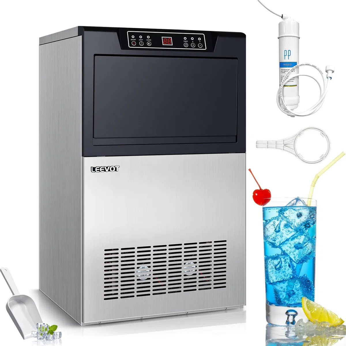 LEEVOT Macchina per Cubetti Ghiaccio Professionale - Macchina del Ghiaccio Casa 45KG/24h, 320W, per Casa, Bar e Uso Commerciale