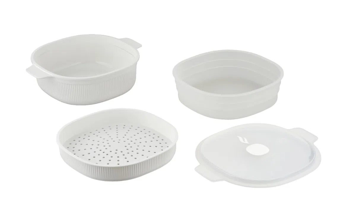 CARE + PROTECT Vaporiera/Pentola a vapore per microonde. Contenitore ideale per cuocere a vapore, servire e conservare, non contiene BPA, 4L, con 2 vassoi