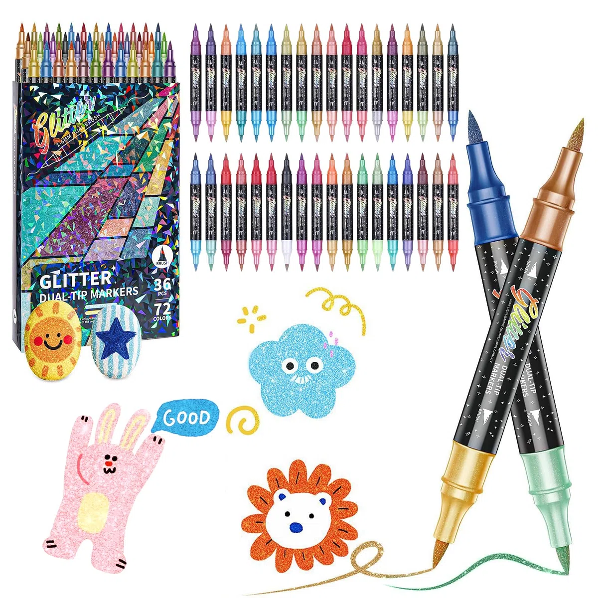 Set Di Pennarelli Glitter 72 Colori, Pennarelli Glitter a Doppia Punta (Confezione Da 36), Marker Metallici Scintillanti, Penne Glitter Per Colorare, Fai Da Te, Scrapbooking e Scrittura