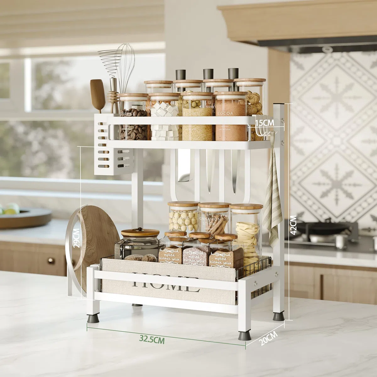 NETEL Supporto Porta Spezie da Appoggio a 2 Livelli, Antiruggine Mensola Portaspezie Ripiani Salvaspazio Organizer per Cucina con Ganci, 32.5 * 20 * 40cm, Bianco