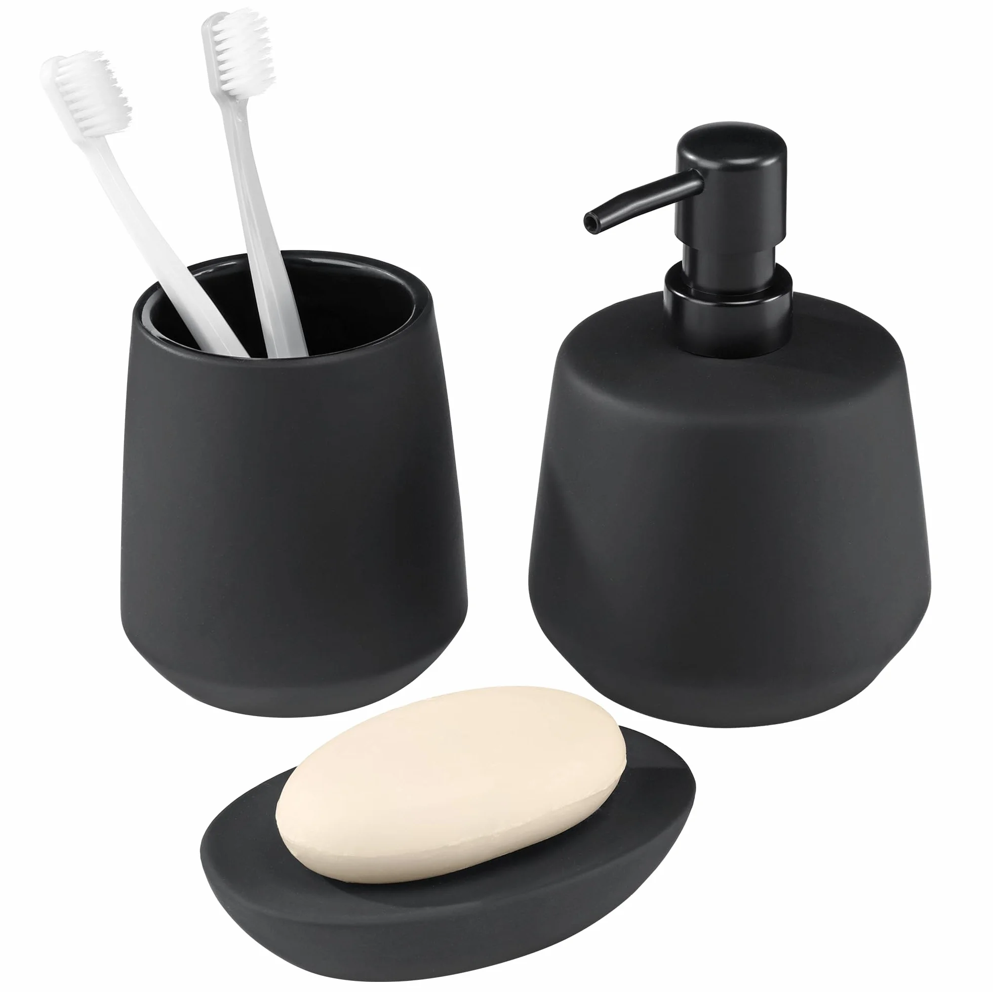 Navaris Set da Bagno Accessori Completo Nero - Include Portasapone Liquido Porta Sapone e Porta Spazzolini - Kit Bagno Moderno - in Ceramica Nera - Design Antiscivolo - Versatile