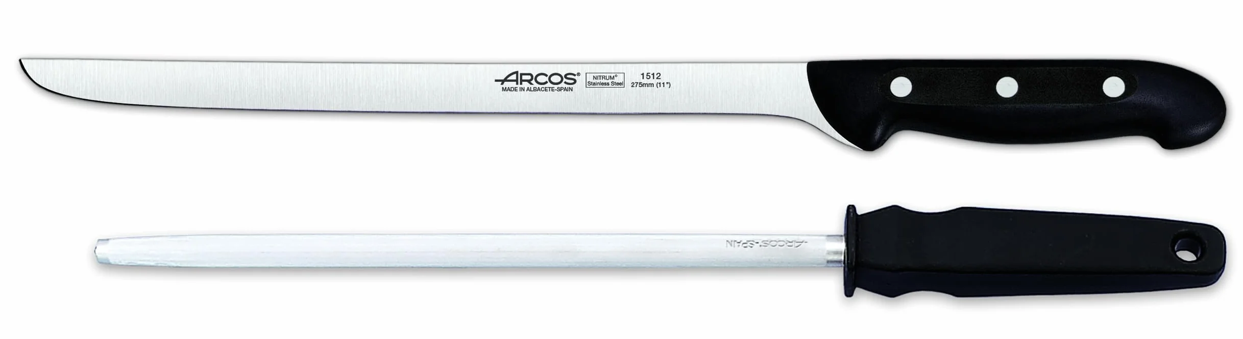 Arcos Serie Maitre - Set di Prosciutto Set di Coltelli 2 Pezzi (1 Coltello + 1 Acciaini Affilatori) - Lama Acciaio Inossidabile Nitrum - Manico Polipropilene - Legno di caucciù