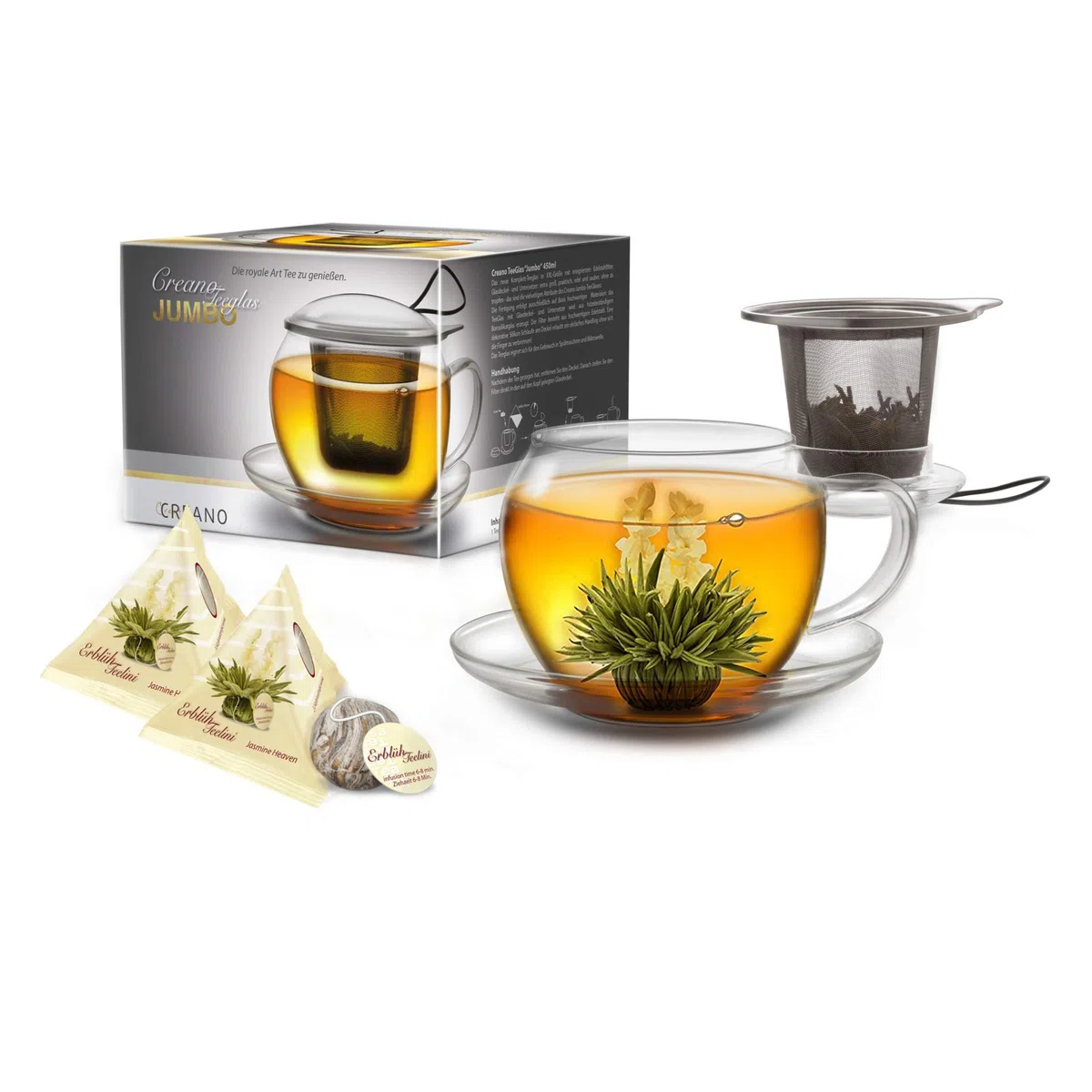 Creano Tazza da tè XXL con manico jumbo con colino integrato in acciaio inossidabile, coperchio e piattino in set con 2 'Erblühtee'lini, 450 ml Set trasparente da 3 pezzi