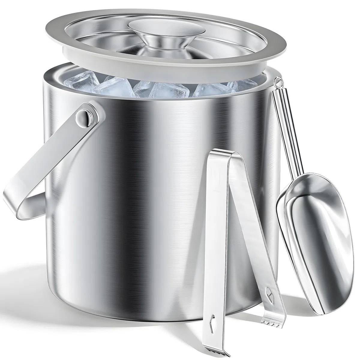 Secchiello per Ghiaccio 3L in Acciaio Inox a Doppia Parete, Set con Coperchio, Paletta e Pinze, Isolamento Termico, Ideale per Bar, Feste e Famiglie