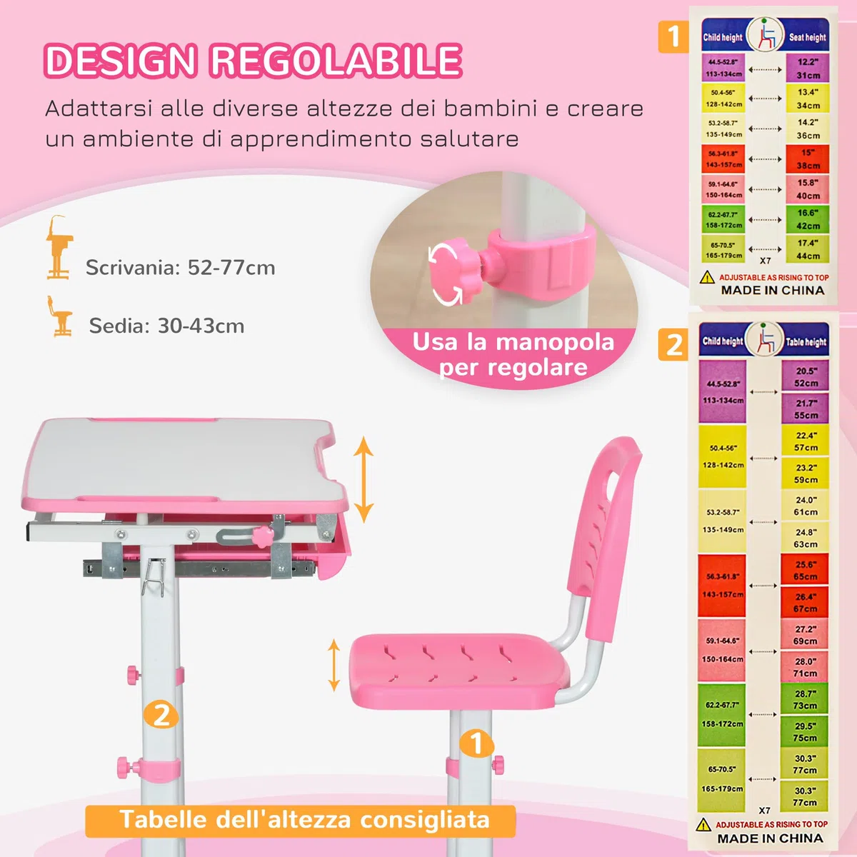 HOMCOM Banco Scuola per Bambini 6-12 Anni Regolabili in Altezza, Set Scrivania e Sedia per Bambini con Piano Inclinabile 45°, Cassetto, 2 Portapenne e Gancio, Rosa