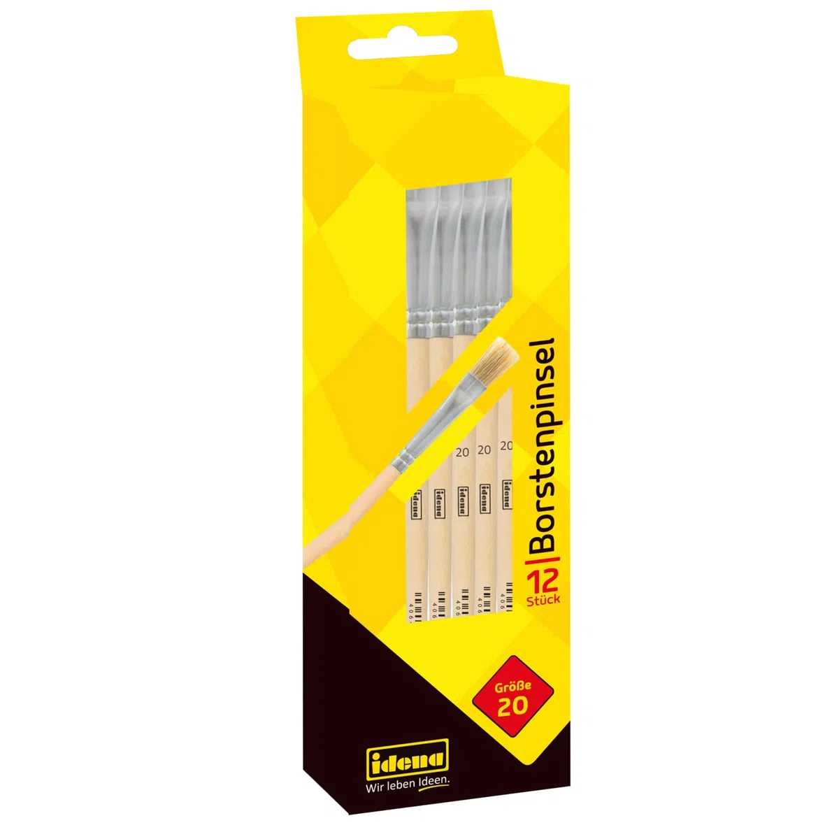 Idena 90102 - Pennelli in setola, misura 20, con manico in legno non verniciato, set di 12, pennelli per bambini e artisti per hobby