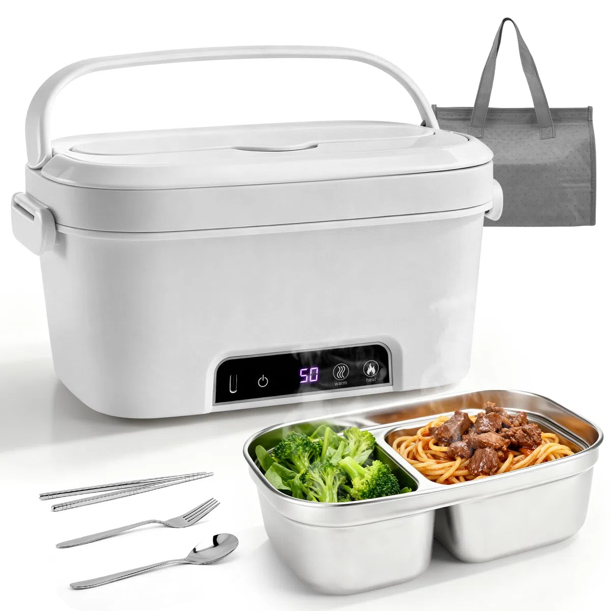 Scatola da Pranzo Elettrica Senza Fili, Scaldavivande Elettrico con Posate e Borsa Termica, A prova di perdite, 15600 mAh, 1,5L portapranzo riscaldato ricaricabile in acciaio inox per Auto, ufficio