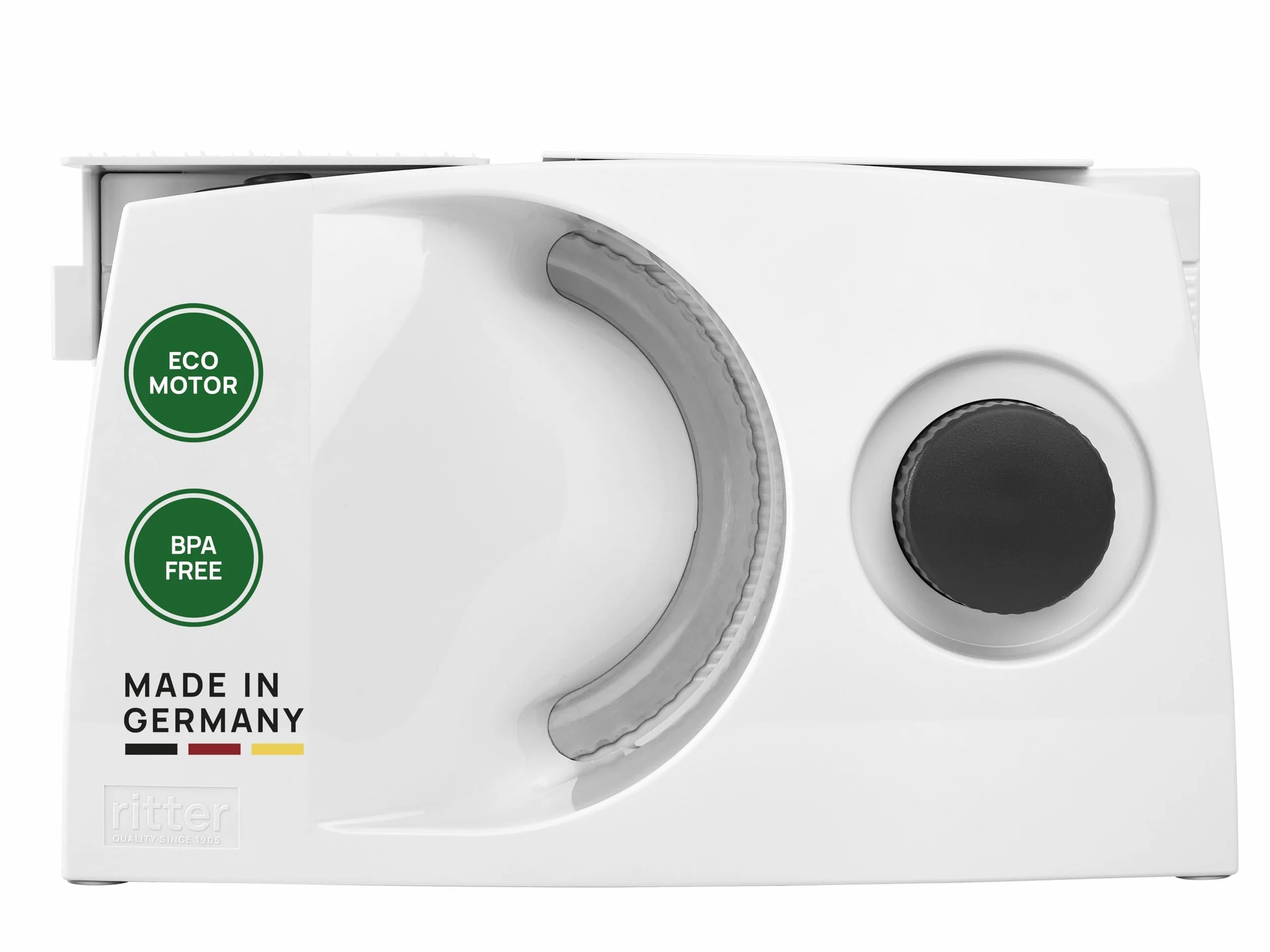 ritter 501.000 Markant 01 Affettatrice elettrica con motore ECO, Fatto in Germania, Bianco, Slitta divisibile, pieghevole