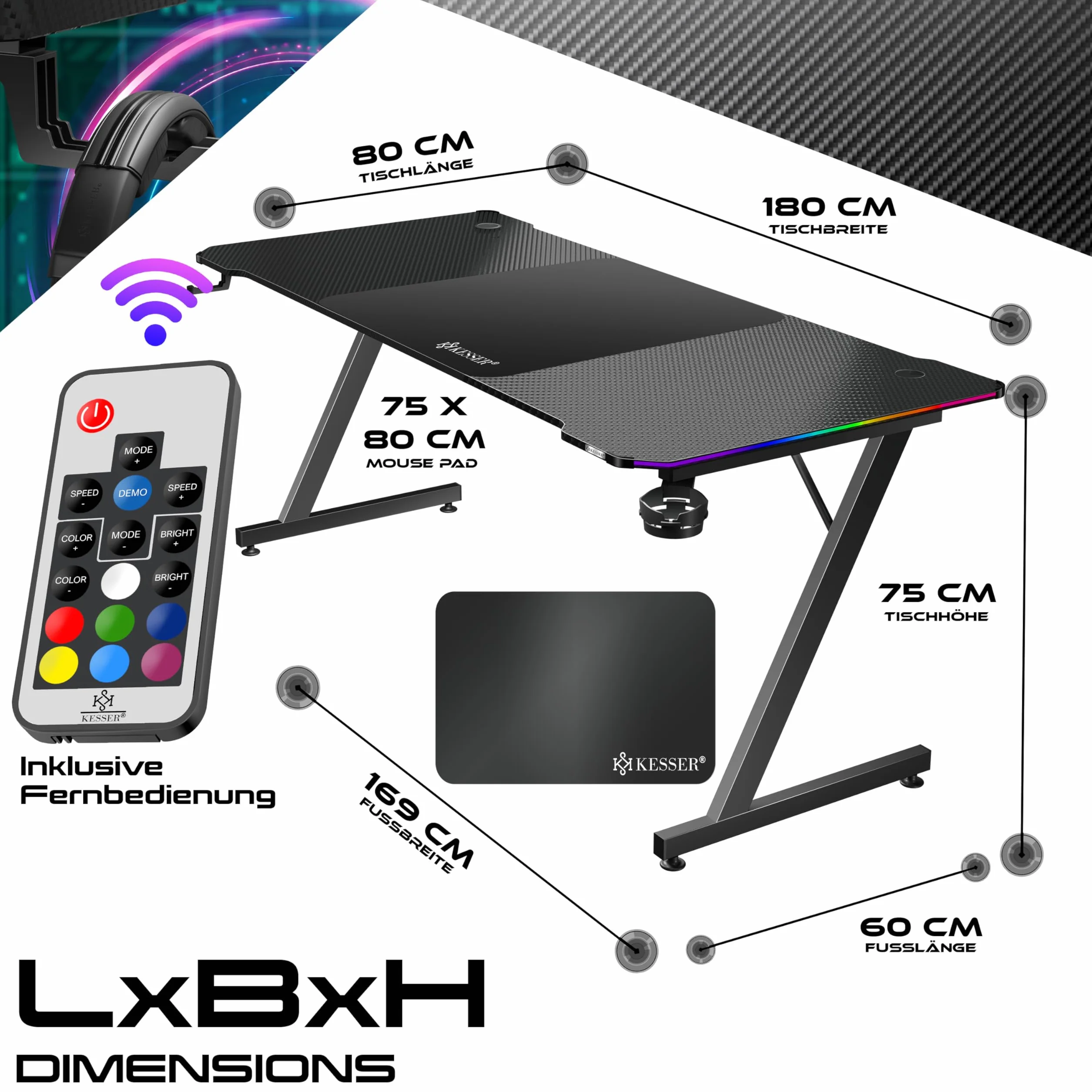 KESSER® Scrivania da Gioco LED - 180 x 80 cm, Scrivania a forma di Z, Gancio per Cuffie e Rivestimento in Carbonio, Ergonomica per PC, con Portabicchieri, Nero Carbonio