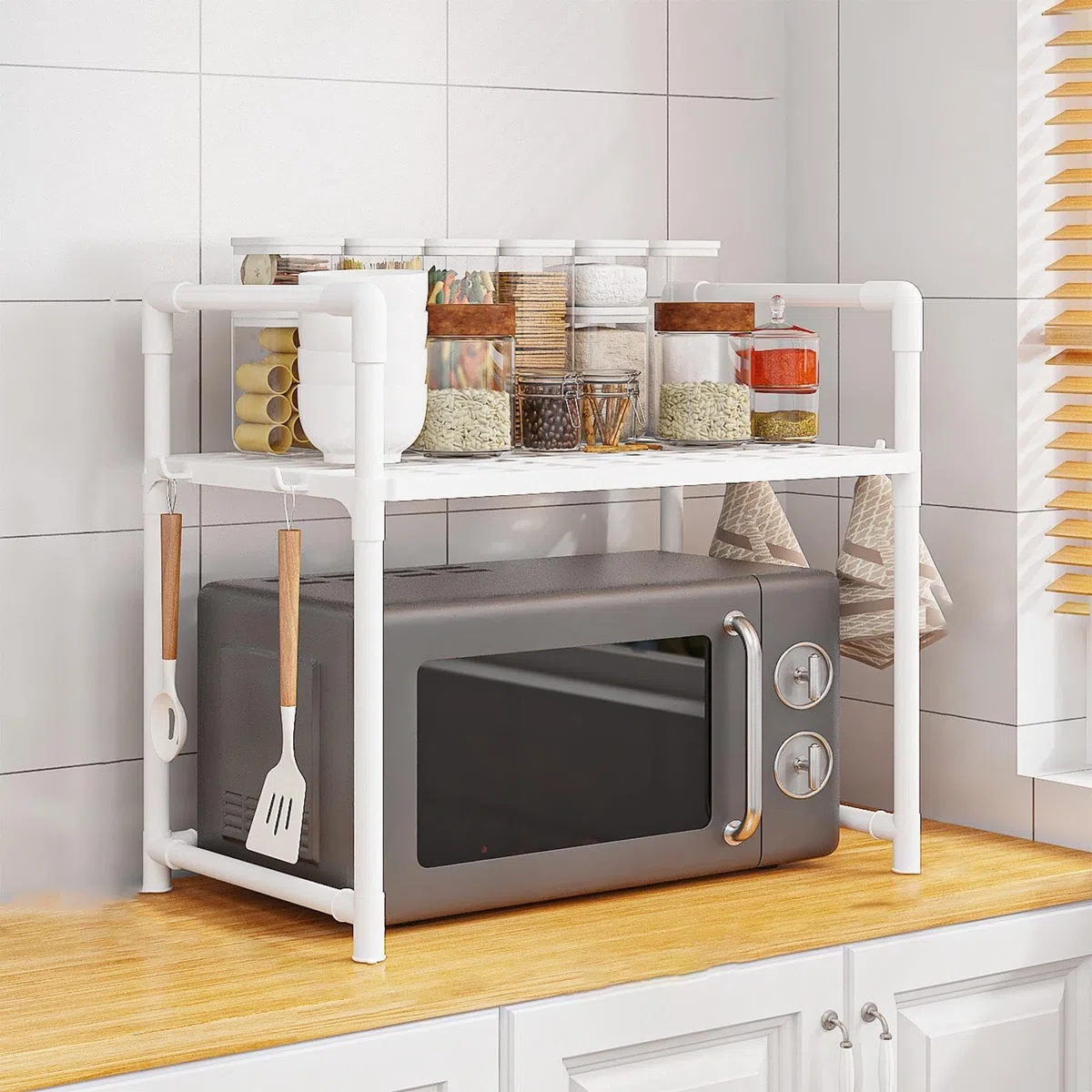 Supporto per forno a microonde | Scaffale regolabile da appoggio | Scaffale portaoggetti da cucina | Il piano di lavoro del supporto per microonde è un accessorio da cucina progettato per