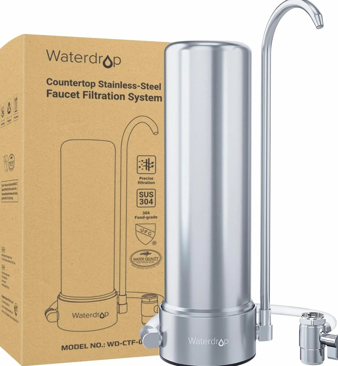 Waterdrop Sistema di filtrazione da banco WD-CTF-01, acciaio inossidabile 304 per uso alimentare, filtro dell'acqua del rubinetto a 6 stadi, lunga durata, riduce il 99% di cloro, metalli pesanti
