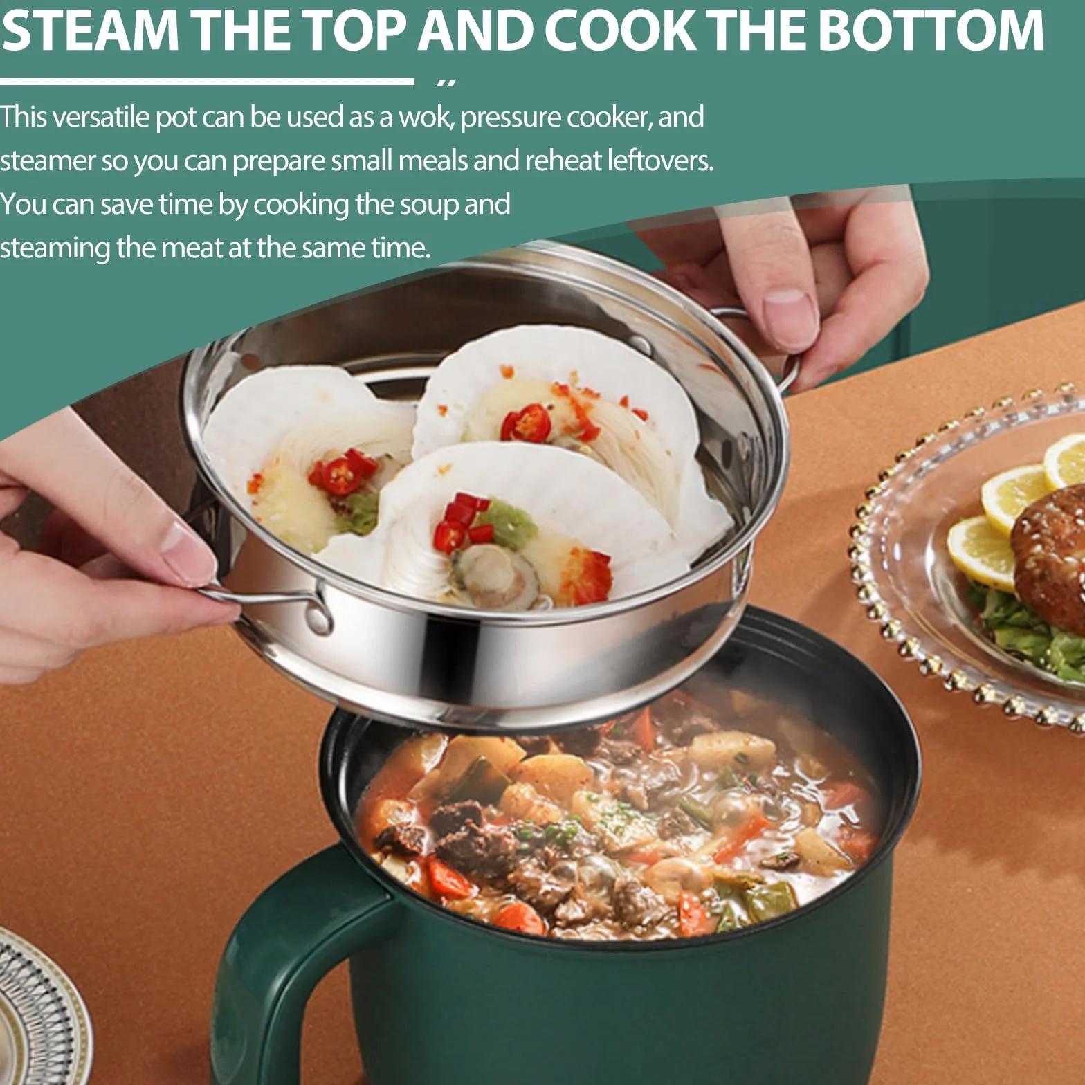 Hot Pot elettrico con piroscafo, mini portatile antiaderente multicooker, pentola elettrica multiuso padella elettrica elettrica elettrica per bistecca/pasta/zuppa/uovo/avena