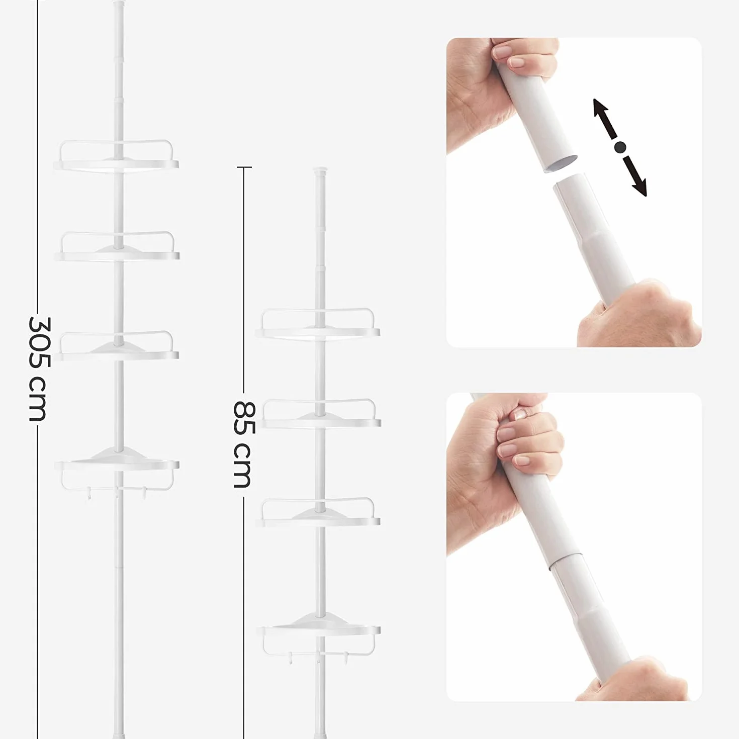 SONGMICS Mensola Doccia Telescopica e Regolabile, 4 Ripiani, Scaffale Angolare Bagno, Altezza 85-305 cm, Bianco BCB001A