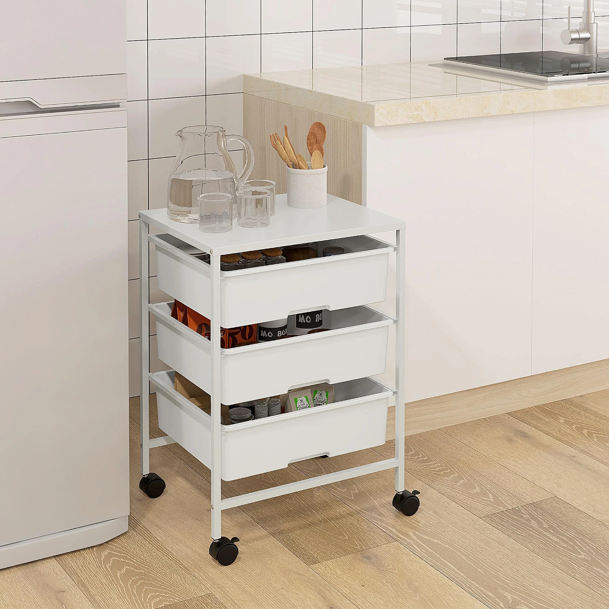 HOMCOM Carrello Portaoggetti con 3 Cestini Estraibili e Ruote, Carrello da Cucina Salvaspazio in Acciaio e Plastica, Bianco