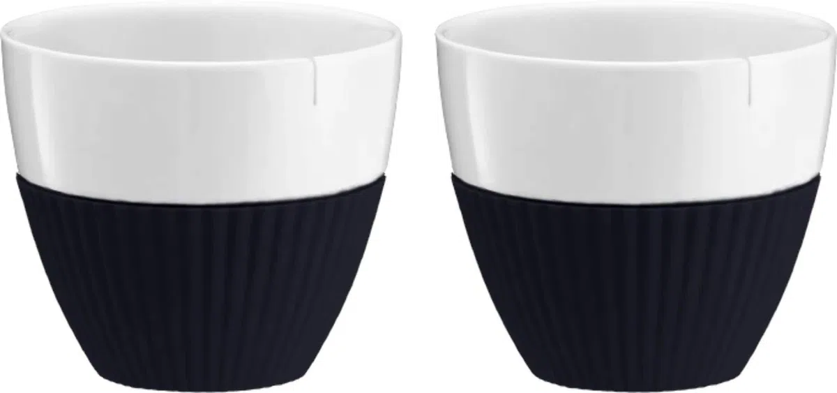 Viva Scandinavia - Set di 2 tazze da tè in porcellana con protezione isolante in gomma, con fessura tagliata, blu scuro, 300 ml