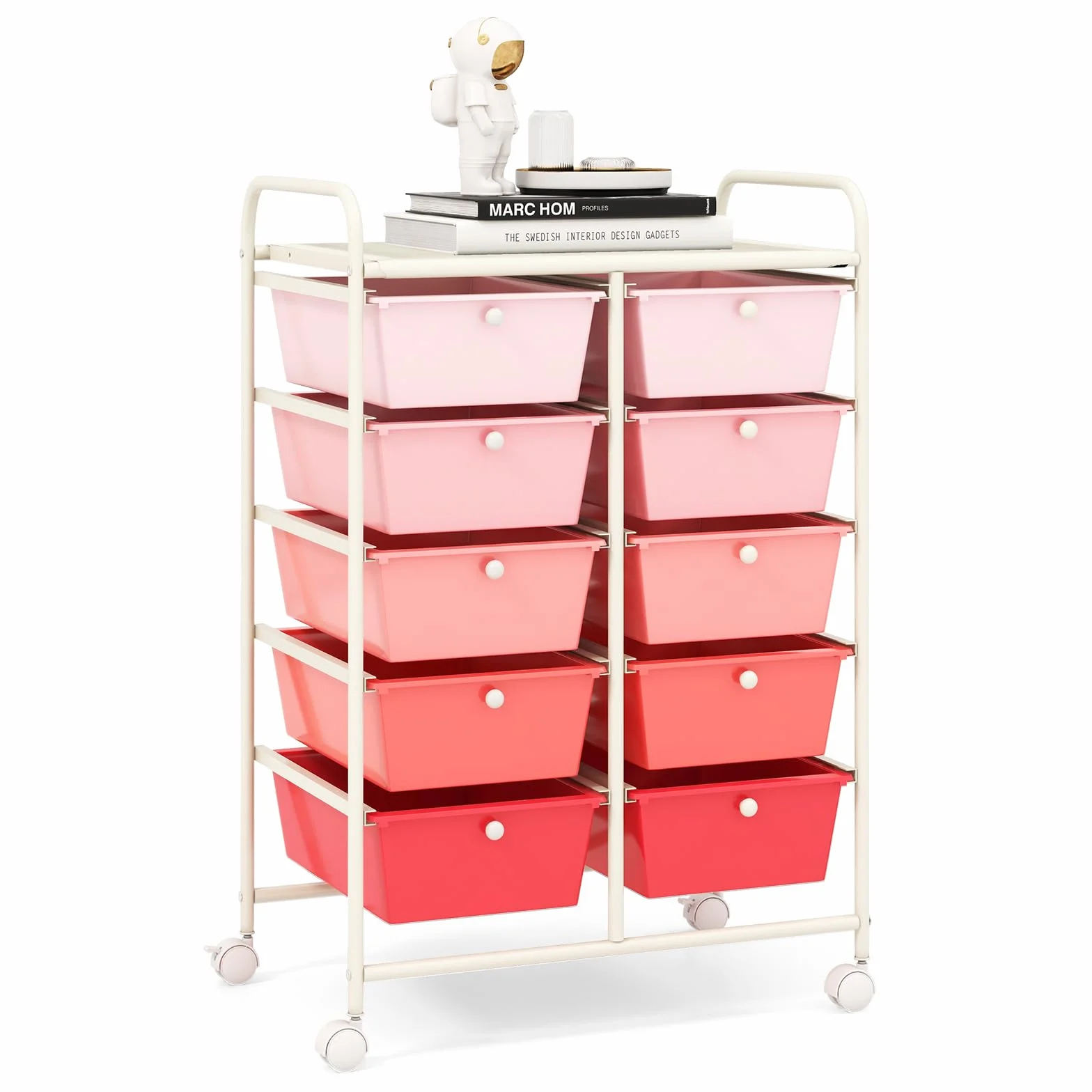 GYMAX Carrello Portaoggetti a 10 Cassetti con Ruote Bloccabili, Carrello di Stoccaggio, Leggero Multifunzione per Scuola, Ufficio, Casa, Studio, 65,5 x 37 x 87 cm (Rosa)