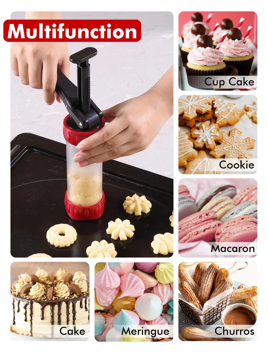GDL Sparabiscotti con 12 Stencil e 10 Beccucci, Siringa Decoratore per Dolci, Siringa Stampi per Biscotti Fatti in Casa, DIY Biscotti, Biscotti per Frolla Churros, Indispensabile per Le Feste, Rosso