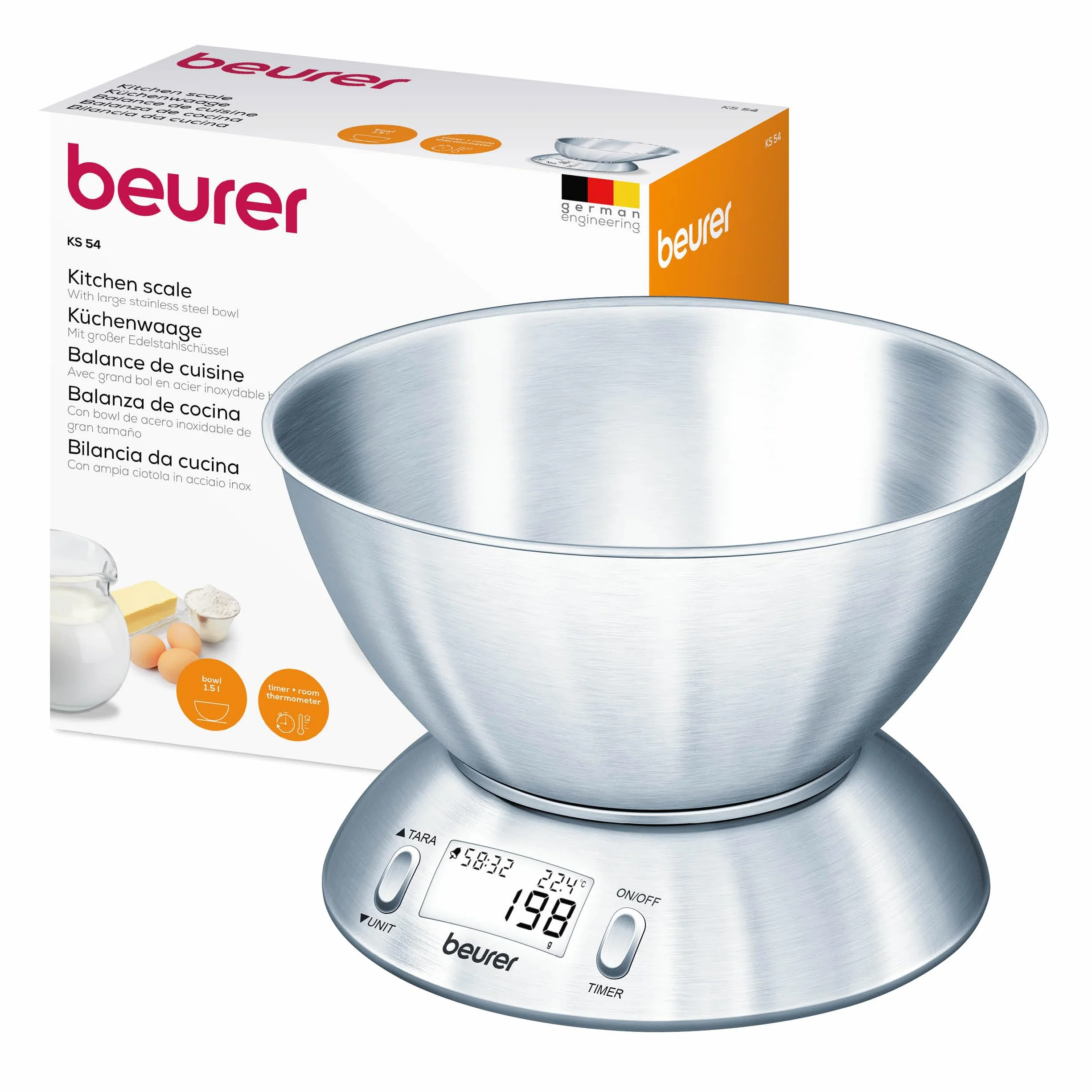 Beurer KS 54 Bilancia da Cucina, con Ciotola in Acciaio Inox Spazzolato Lavabile in Lavastoviglie, Timer Impostabile, Termometro ambientale integrato, Funzione Tara