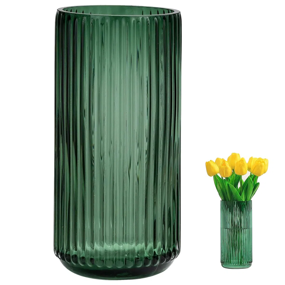 Vaso di vetro verde ispessito di alta qualità, vaso da fiori in vetro a coste per vasi rustici, vaso decorativo moderno per fiori, vasi per decorazione, ideale per mensole, soggiorno, tavolo